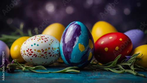 Colored easter eggs in carton on wooden white shabby background 