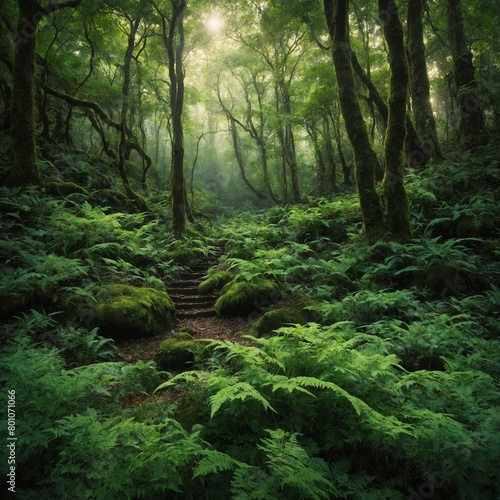 Stone pathway leads up into lush, green forest. Sunbeams stream down through dense canopy of trees, illuminating mossy ground, ferns that line path. Air thick with mist, creating mystical.