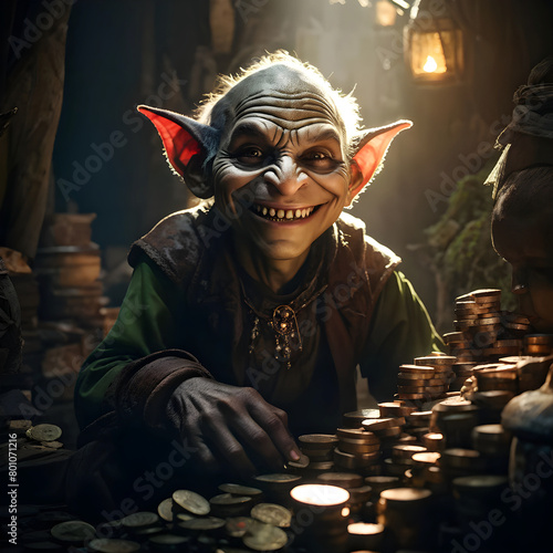 A cunning goblin with a toothy grin and a twinkle in their eye, surrounded by a pile of pilfered loot photo