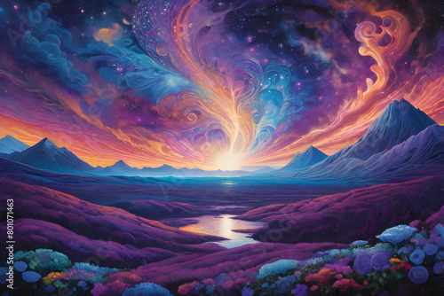 Abstract colorful Digital Painting magical Psychedelics Landscape. Abstract illustration surreal dreaming mystical landscape. Psychedelics Art.