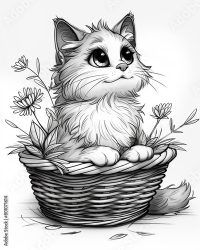 Coloring page, black and white, cute cartoon Cat with big eyes in a basket with flowers