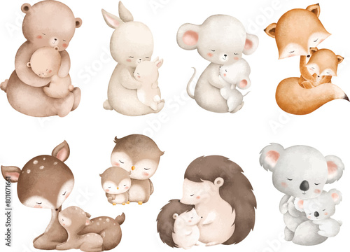 Watercolor Illustration Set of Mom and Baby Wooden Animals