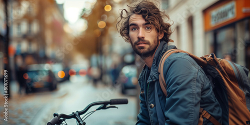 Young cyclist standing by his bicycle in the city, with the streets energy captured in their wind-swept hair and the satisfied exhaustion on their face.