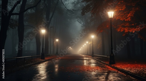 An empty illuminated country asphalt road through the trees and village in a fog on a rainy autumn day  street lanterns close-up  red light. Road trip  transportation  communications  driving 