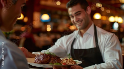 A waiter elegantly serves a meat dish to a seated diner in a restaurant setting