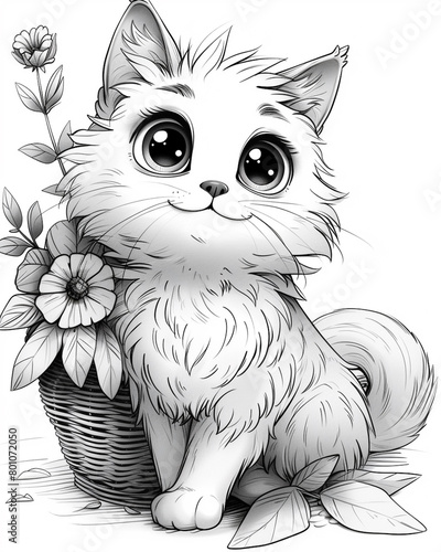 Coloring page, black and white, cute cartoon Cat with big eyes in a basket with flowers
