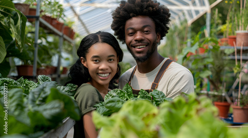 A multicultural couple gardening in a greenhouse
