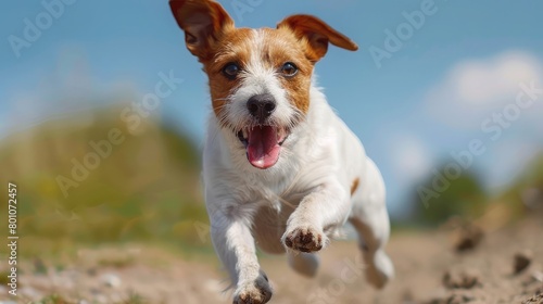 Jack Russel Parson Dog Run Toward The Camera Low Angle High Speed Shot