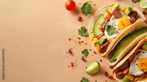 Flat lay tacos with avocado tomato, flat bread, egg and parsley copy space