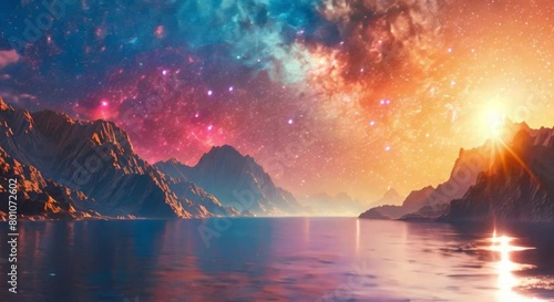 colorful starry galaxy background rock sea and mountains footage photo