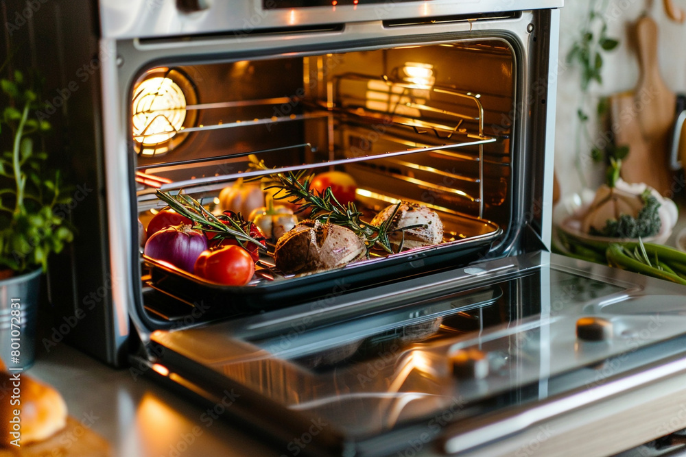 A toaster oven with preset cooking functions, making meal preparation convenient. A toaster oven with preset cooking functions, making meal preparation convenient.