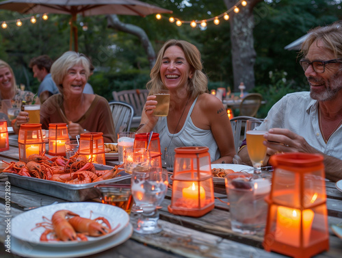 A warm and inviting scene of a Swedish crayfish party  capturing the joy of summer gatherings. Laughter fills the air as friends celebrate with delicious food and good company.