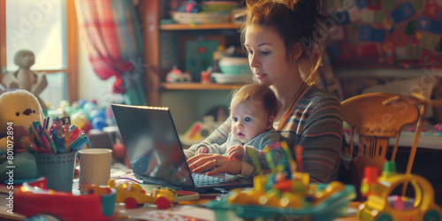 Young mother multitasking in her home office, with a baby in her lap, typing on a laptop, surrounded by baby toys and a cup of cold coffee. photo
