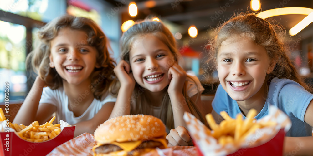 Group of happy cheerful children enjoying their burgers and potato fries in fast food restaurant. Eating out lifestyle.