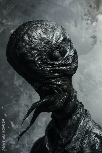 A dark and grungy photo of a humanoid creature with a large head and a small body