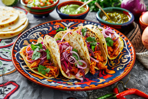 Colorful plate of tacos filled with chicken, slaw and pickled red onion