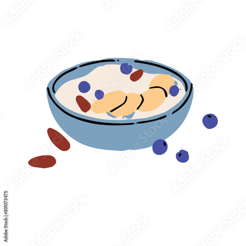 Dish of oatmeal cereal with berries, almonds. Bowl of porridge, granola with fruit slices, nuts. Healthy food for breakfast. Organic eating. Flat isolated vector illustration on white background