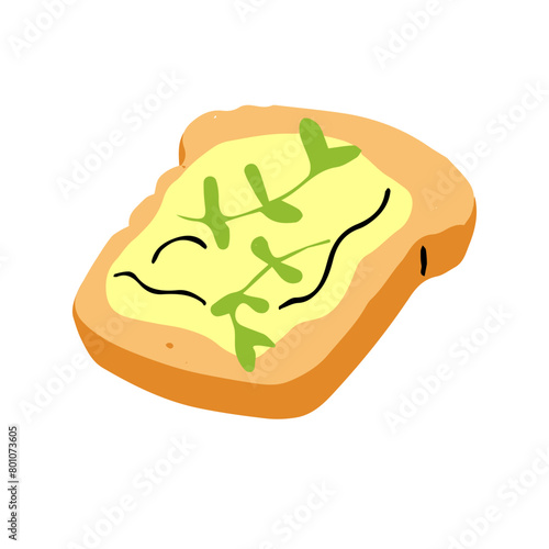 Fried toasts with avocado and micro greens. Grilled slices of wholegrain bread with butter, microgreens. Healthy breakfast, organic food, snack. Flat isolated vector illustration on white background
