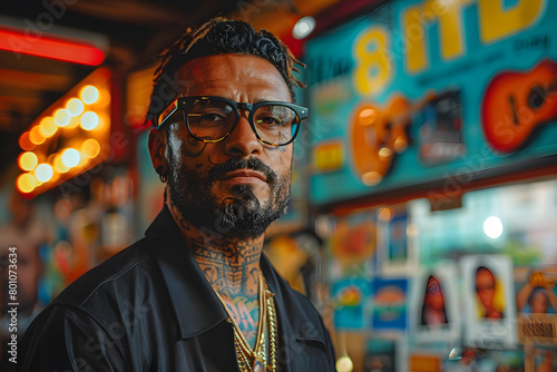 Tattooed Man in Urban Neighborhood with Glasses