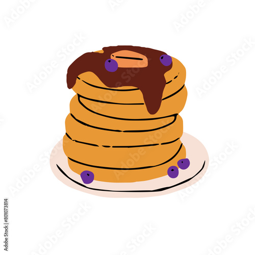Pile of american pancakes with berries and chocolate toppings. Stack of hotcakes, flapjacks, griddlecakes with syrup, blueberries. Breakfast eating, food. Flat isolated vector illustration on white