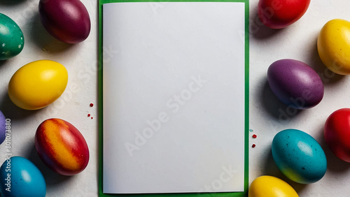 Colored easter eggs in carton on wooden white shabby background
 photo