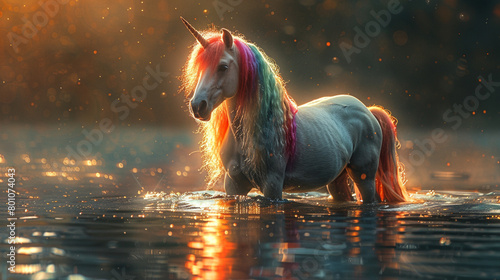 Rainbow pony Swimming in the black lake