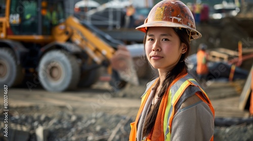 Image shows a young woman wearing a hard hat and a reflective vest standing in front of a bulldozer.