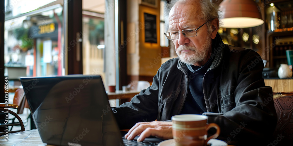 Retired professional sitting in a modern cafe, deeply engrossed in writing his blog on a sleek laptop, with a cup of artisan coffee by his side. Retired professional sitting in a modern cafe, deeply engrossed in writing his blog on a sleek laptop, with a cup of artisan coffee by his side.
