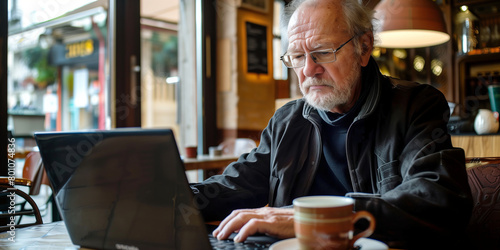 Retired professional sitting in a modern cafe  deeply engrossed in writing his blog on a sleek laptop  with a cup of artisan coffee by his side.