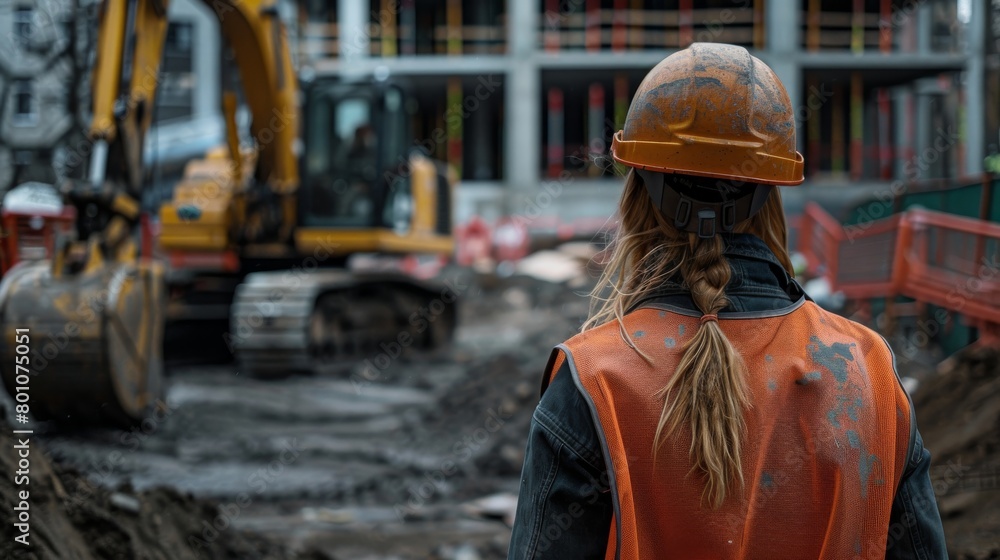 A woman wearing a hard hat and safety vest is standing at a construction site.
