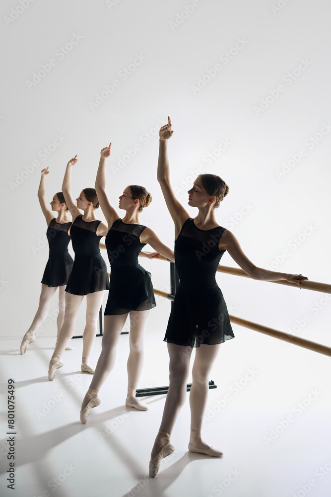 Fototapeta premium Focused preparation. Tender girls, ballet dancers standing at barre and practicing against greys studio background. Concept of ballet, art, dance studio, classical style, youth