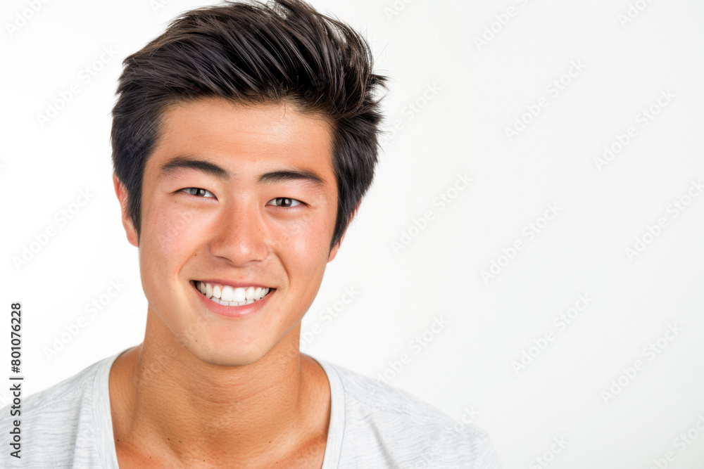 Portrait of healthy, cheerful handsome young Asian man smiling and looking at camera with white background. Happy, health and mental healthcare concept