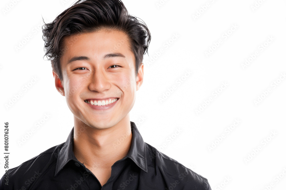 Portrait of healthy, cheerful handsome young Asian man smiling and looking at camera with white background. Happy, health and mental healthcare concept Portrait of healthy, cheerful handsome young Asian man smiling and looking at camera with white background. Happy, health and mental healthcare concept