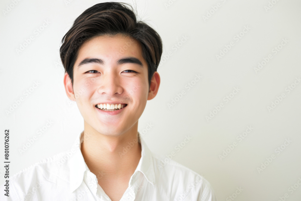 Portrait of healthy, cheerful handsome young Asian man smiling and looking at camera with white background. Happy, health and mental healthcare concept Portrait of healthy, cheerful handsome young Asian man smiling and looking at camera with white background. Happy, health and mental healthcare concept