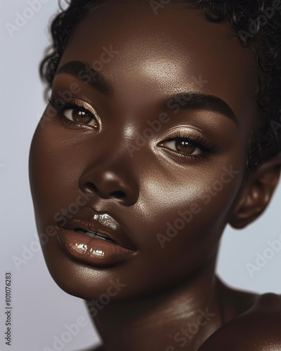 Portrait of a black girl, close up of a woman with a dark skin brown skin. light makeup, brown skin like soil