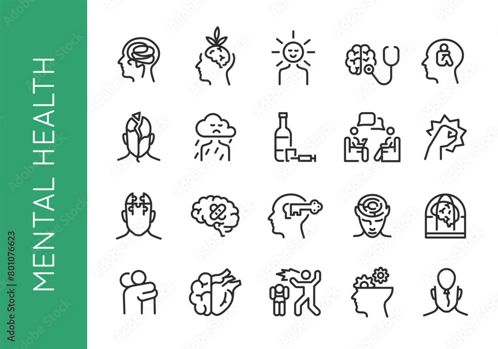 Mental Health Icon Set. A collection of various icons related to emotional well-being and psychological health, including themes such as therapy, stress, addiction, mindfulness. Vector illustrations Mental Health Icon Set. A collection of various icons related to emotional well-being and psychological health, including themes such as therapy, stress, addiction, mindfulness. Vector illustrations