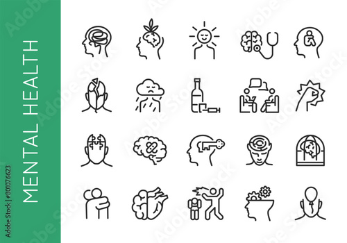 Mental Health Icon Set. A collection of various icons related to emotional well-being and psychological health, including themes such as therapy, stress, addiction, mindfulness. Vector illustrations