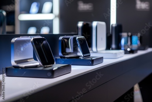 Several modern cell phones lined up neatly on a table, showcasing technology and communication devices in a commercial setting