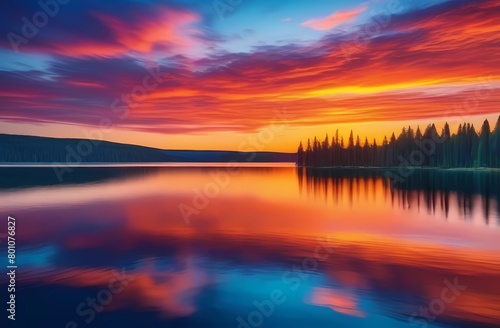 Depicting a bright sunset over a serene lake with colorful reflections shimmering on the water. Beauty and serenity