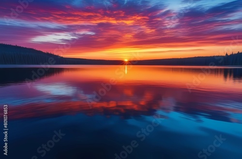Depicting a bright sunset over a serene lake with colorful reflections shimmering on the water. Beauty and serenity © Ana River