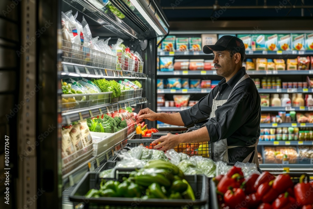 A man is standing in front of a display of various fresh vegetables in a supermarket, possibly restocking or organizing the produce