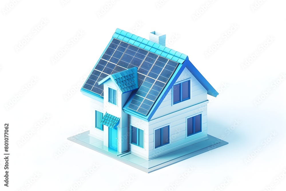 Isometric 3D Mockup of Aqua and Cobalt Blue Gradient Eco Friendly Home with Solar Panels on White