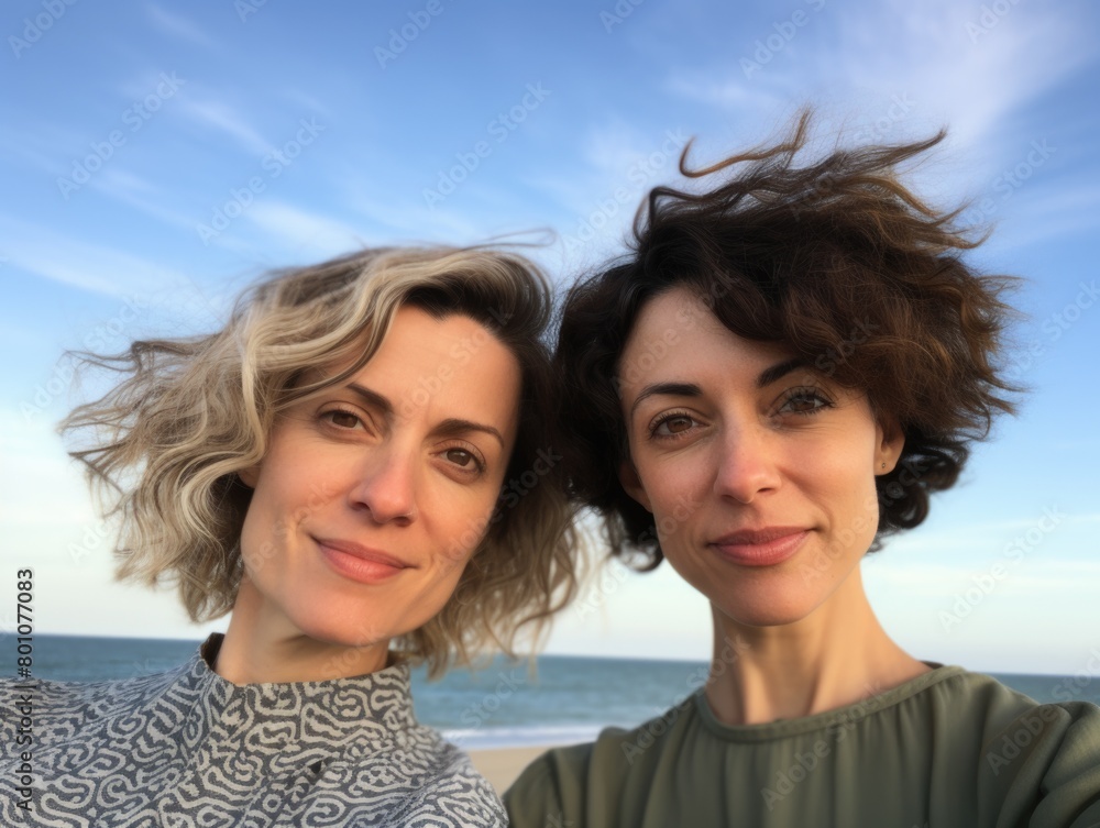 A candid selfie of two women, exuding warmth and casual elegance against an ocean backdrop at dusk. A candid selfie of two women, exuding warmth and casual elegance against an ocean backdrop at dusk.