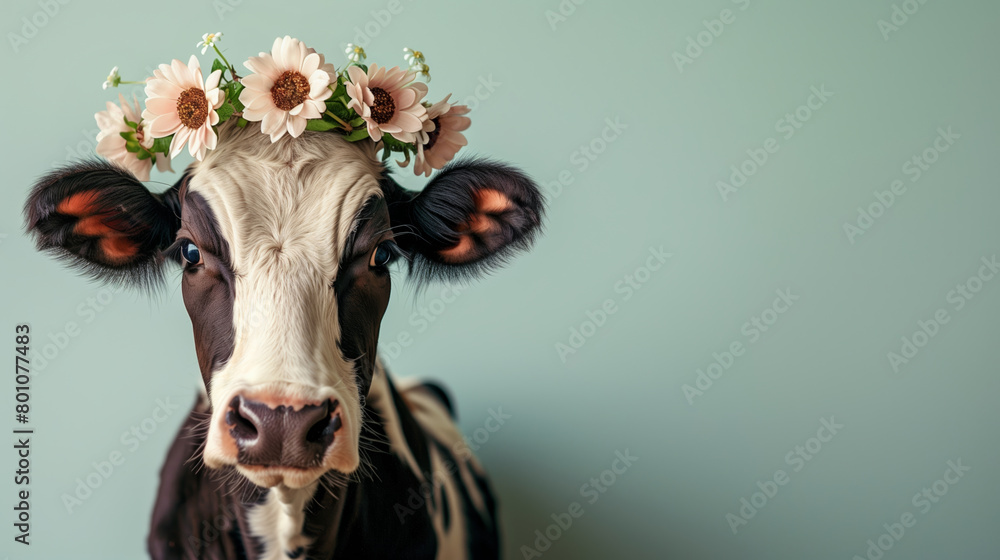 Portrait of cow with flowers wreath on head isolated on blue pastel background, with copy space. Portrait of cow with flowers wreath on head isolated on blue pastel background, with copy space.