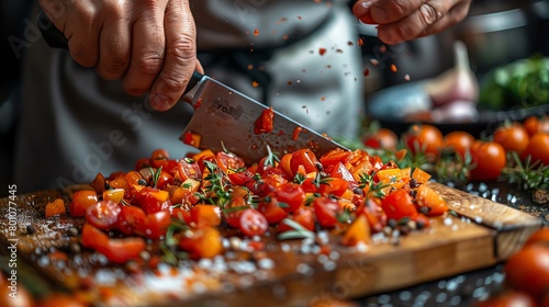 Culinary arts in detail, close-up on a chef's knife slicing through fresh ingredients, the precision of flavor photo