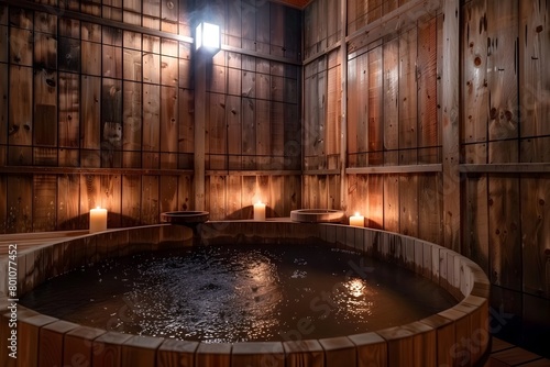 Tranquil and Cozy Japanese Spa Baths with Glowing Wooden Tubs for Relaxing Soak photo