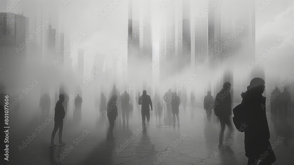 Helplessness in the Haze: Silhouettes of individuals lost in the fog, conveying a sense of hopelessness amidst the quest for wealth in a grayscale city. Retro style, slightly blurred, sharpened