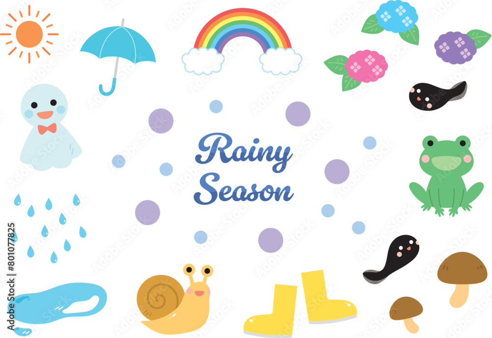 梅雨のイラスト素材セット 雨季 かわいい 梅雨のイラスト素材セット 雨季 かわいい