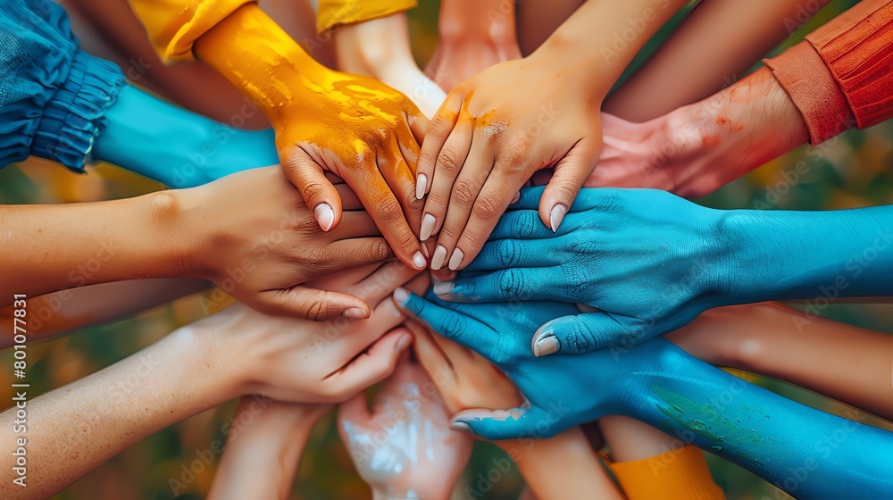 Fototapeta premium Diversity in education, close-up on diverse students' hands together, unity in learning