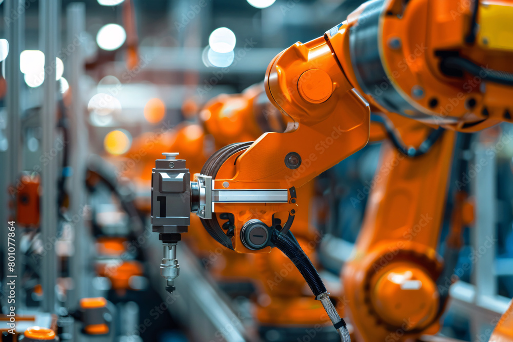 Close up of mechanical arm performing work in modern factory Close up of mechanical arm performing work in modern factory
